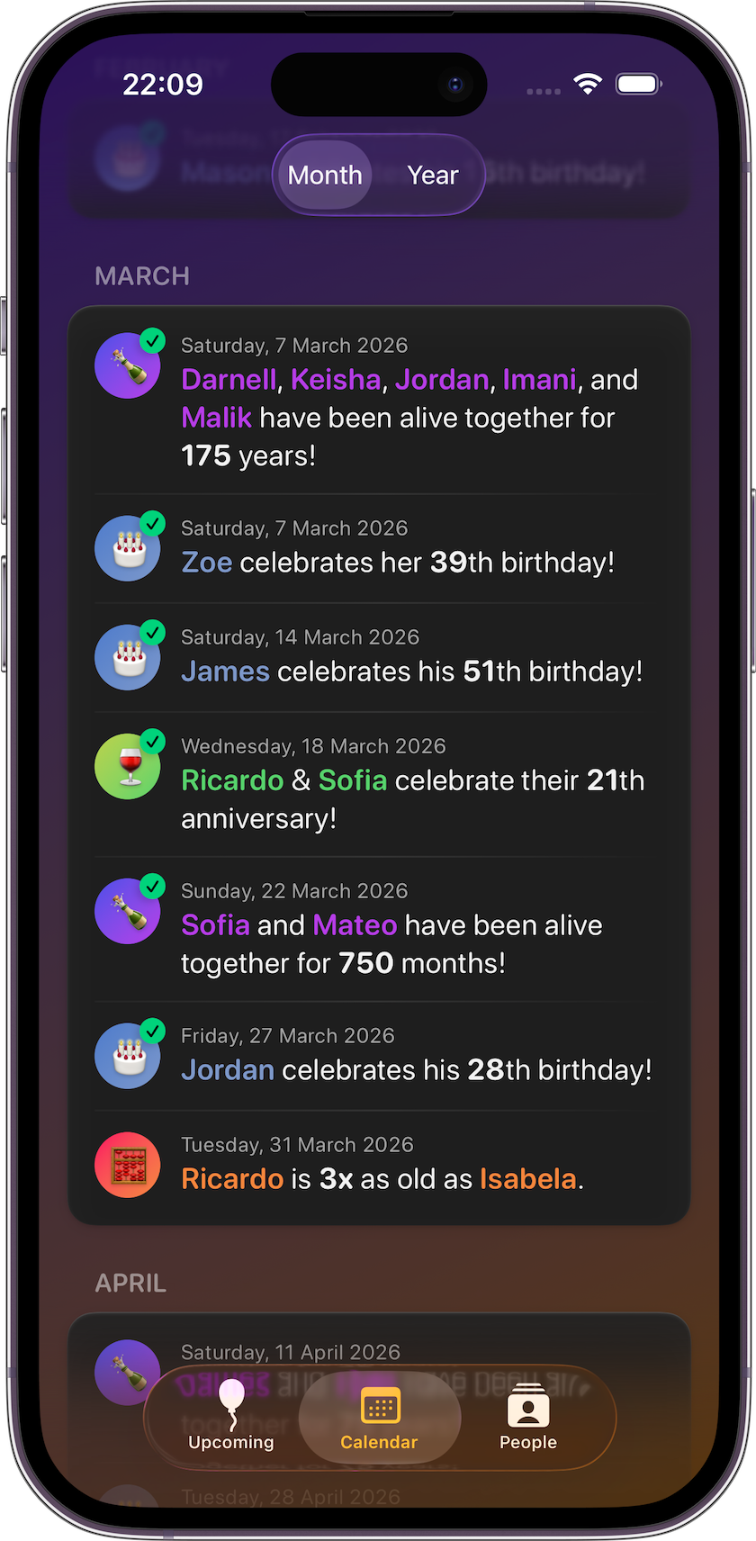 Calendar view showing milestone celebrations organized by month and year