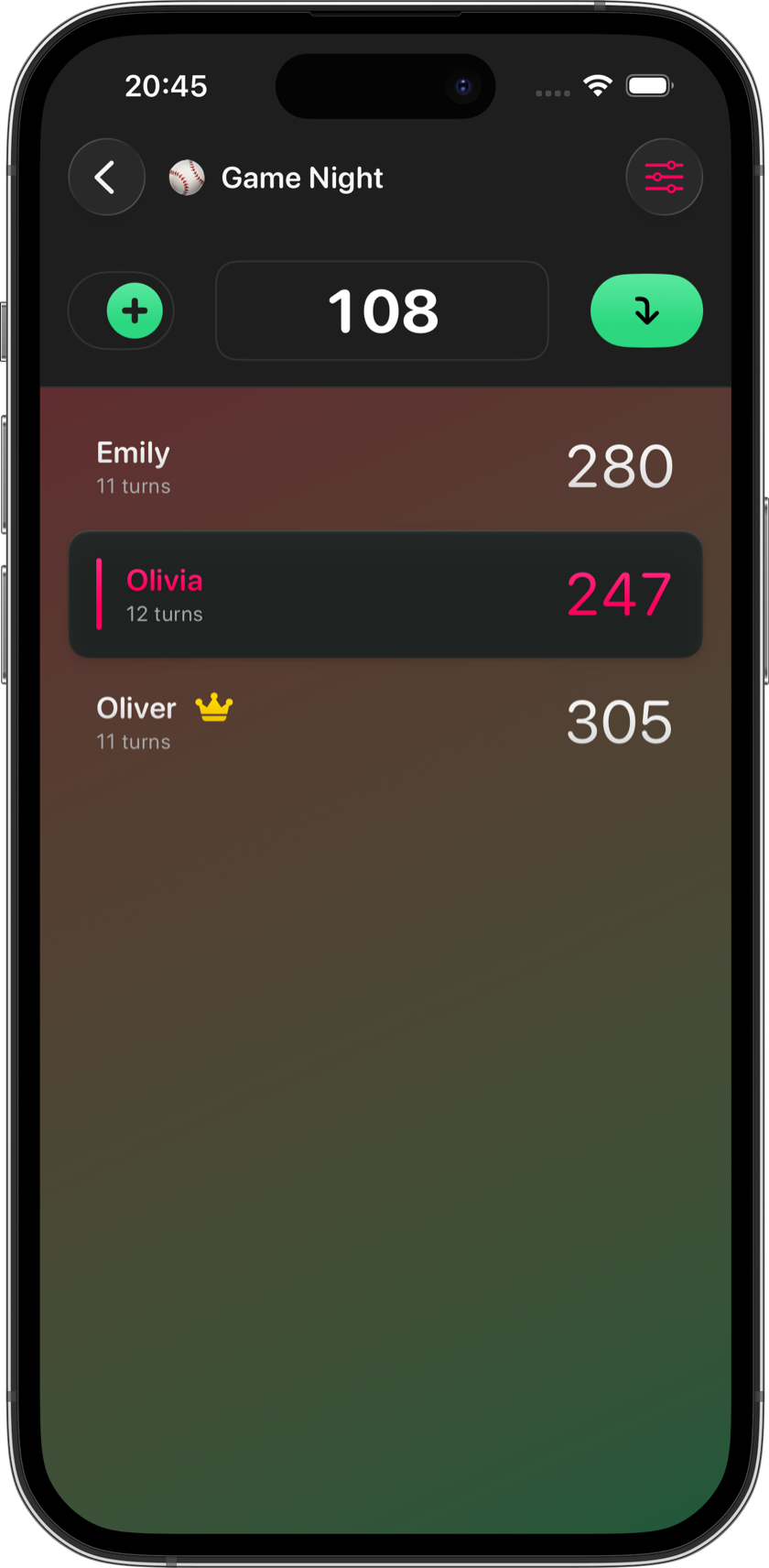 Score tracking in dark green theme during Game Night