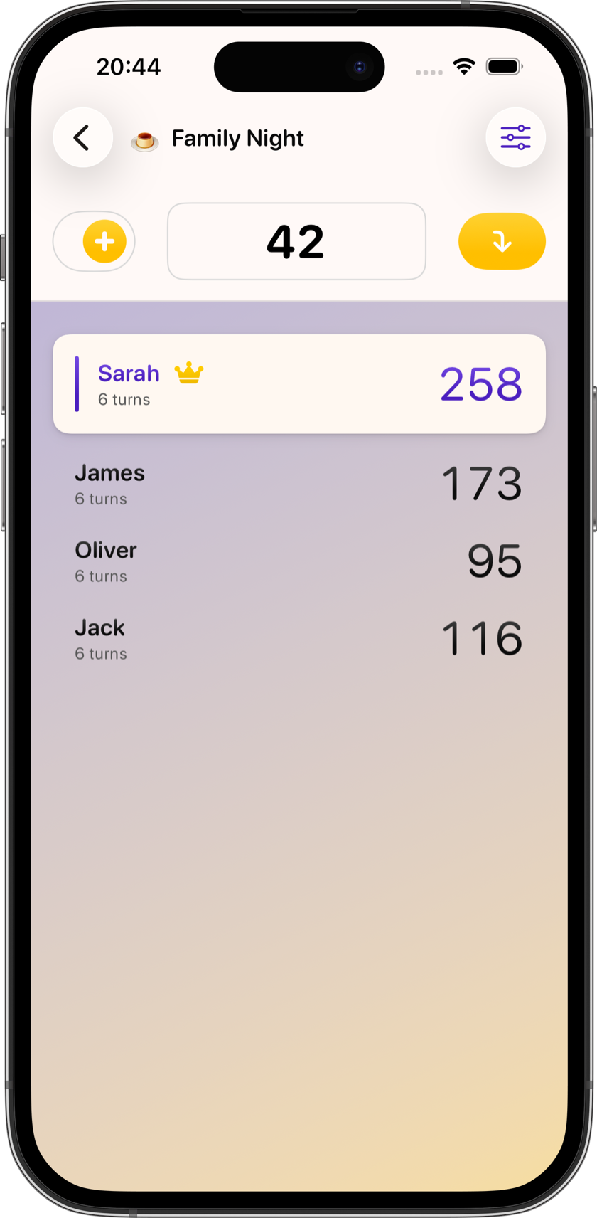 Score entry screen with live leaderboard during Family Night