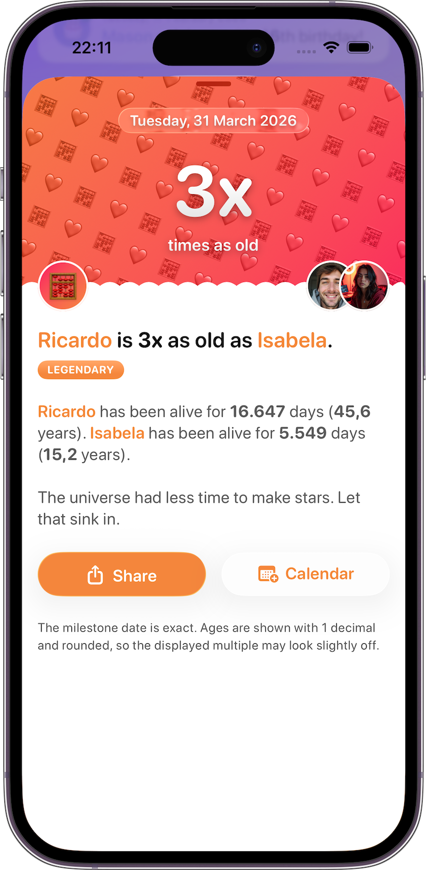 Times-as-old milestone showing when a parent is exactly twice their child's age
